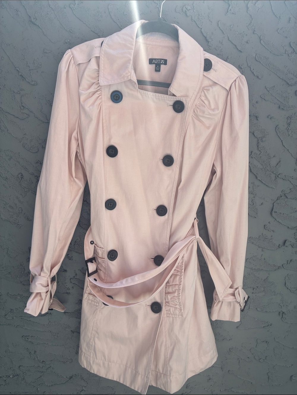 Retro 70’s InspiredPale Pink Double-Breasted Trench Coat Belt Ruffled Pocket M